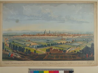 Ein Blick auf Florenz vom Kapuzinerkloster in Montughi, graviert von John Bowles